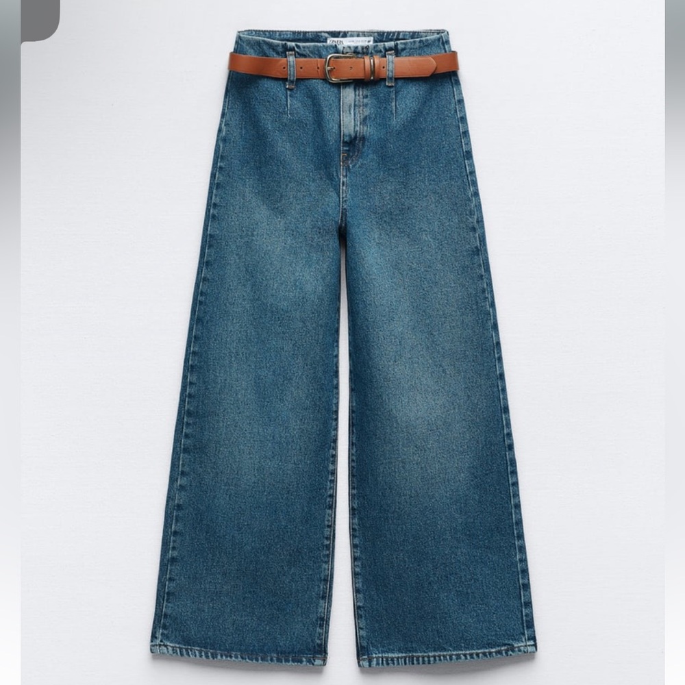 Zara Blue Wide-Leg Cropped Jeans with Brown Belt